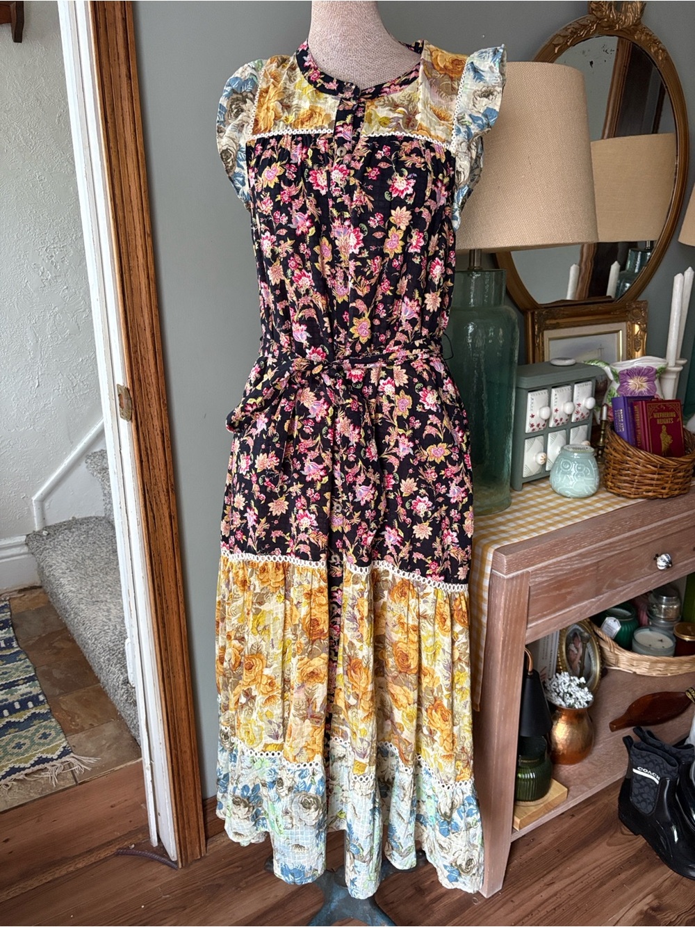 Anthropologie Floral Patchwork Tiered Midi Dress in Black, Yellow and Pink